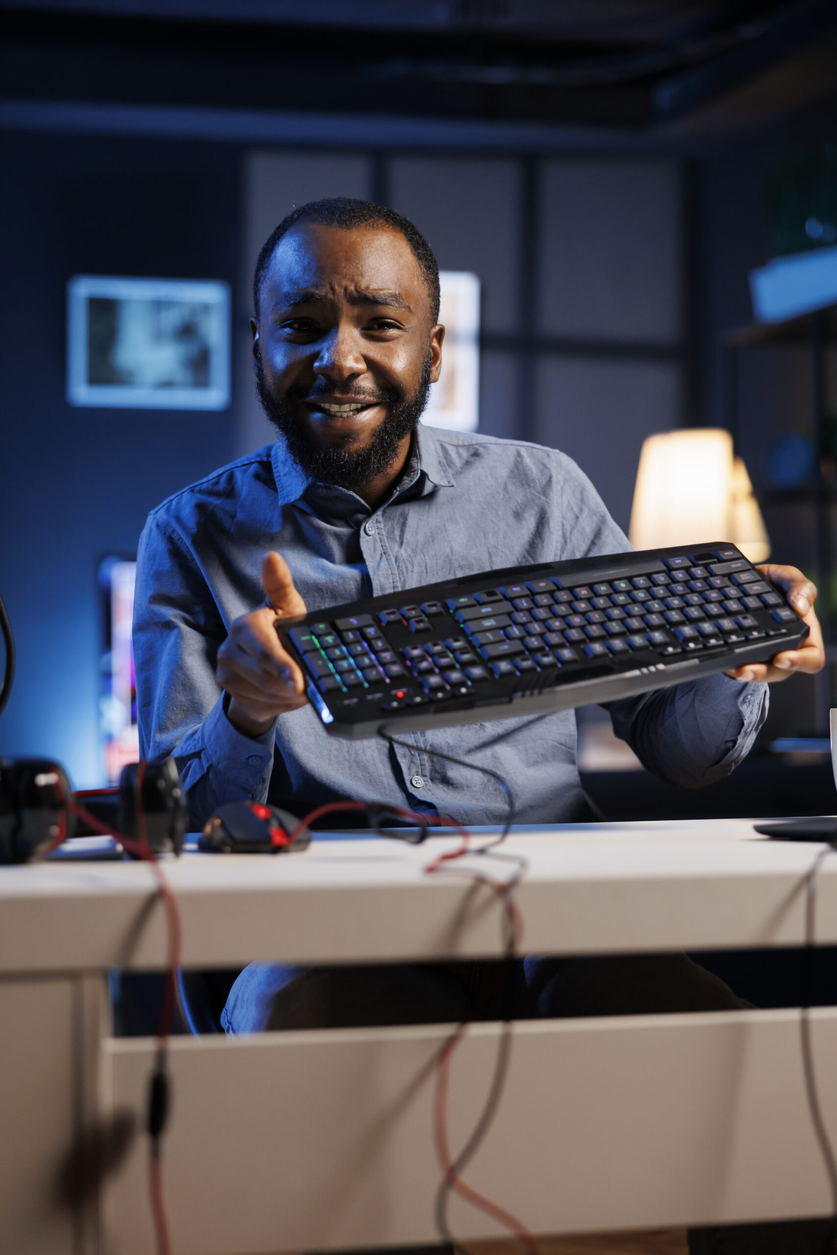 African american content creator analyzing mechanical keyboard received from sponsor, doing honest review for online streaming channel. Internet show host reviewing computer peripherals brand